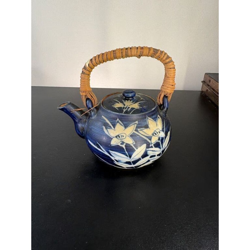 Japanese Dobin Teapot Cobalt Blue Wax Resist Lilies Rattan Handle Signed Lid